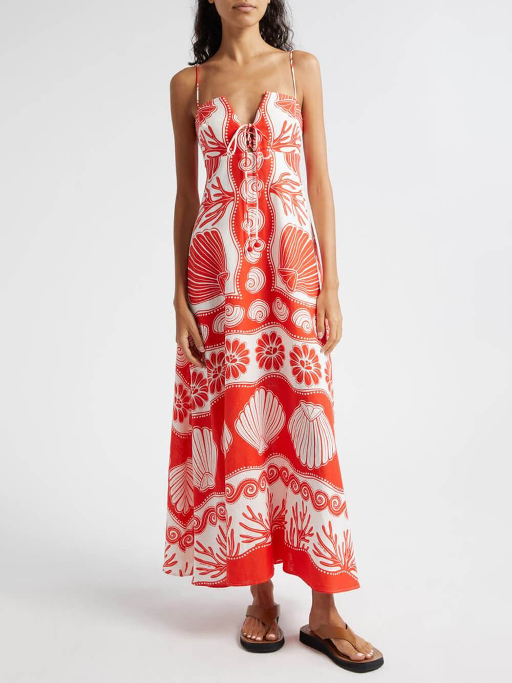 Robe longue ample à lacets et imprimé coquillage unique sur le devant