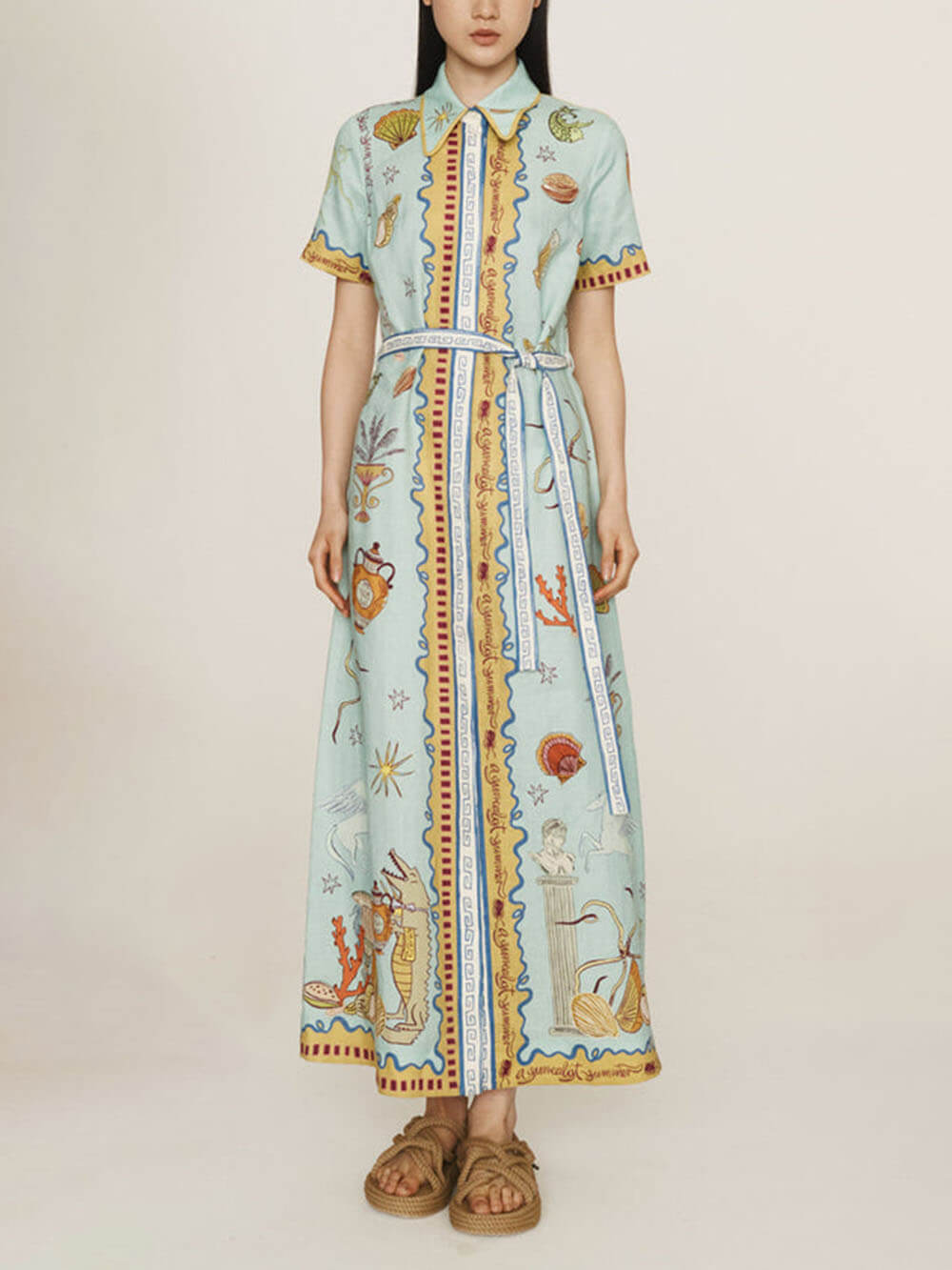 Robe chemise longue d'été à imprimé océan, style surréaliste moderne et unique