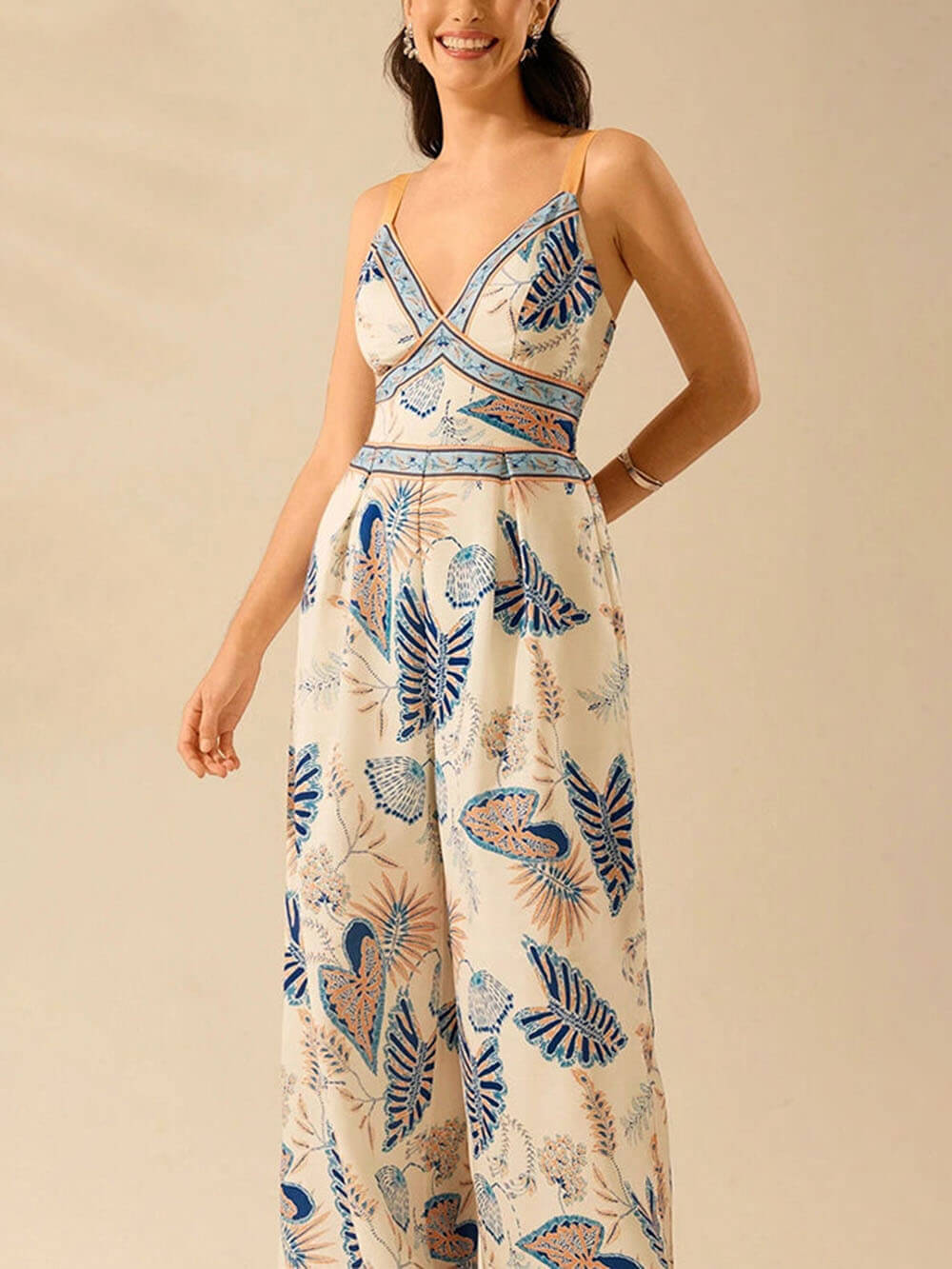 Bohemian Style Plant Print Casual Sling Holiday Loose Jumpsuit