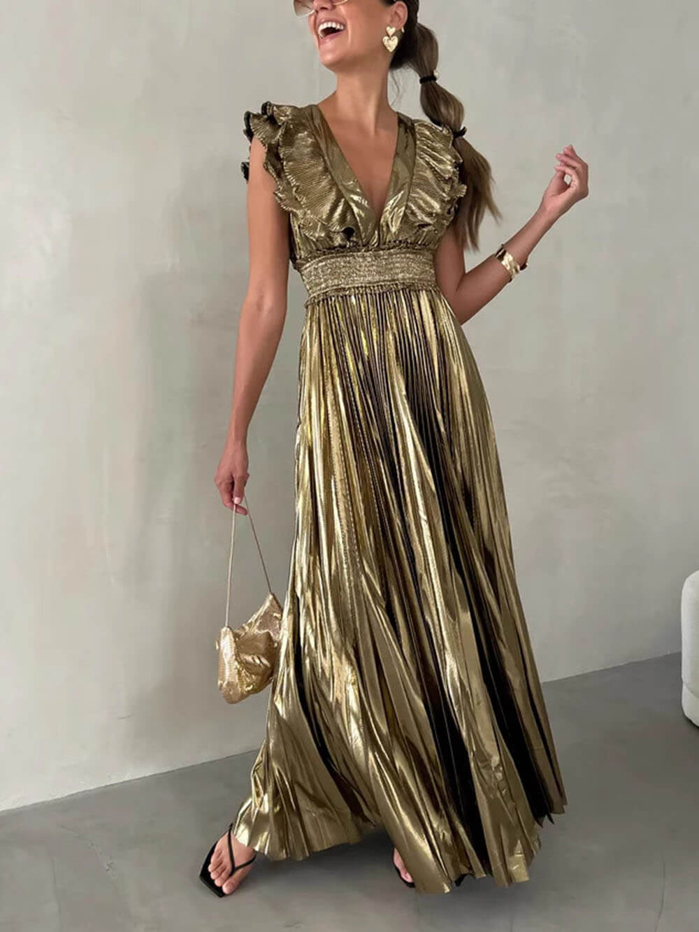 Unique Pleated Ruffled Open Back Tie Waist Maxi Dress