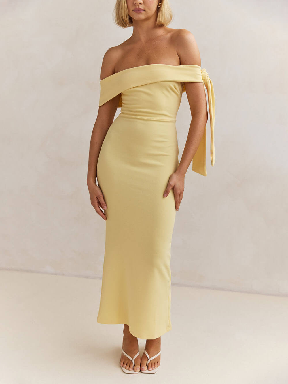 Exquisite Party Side Tie Off-The-Shoulder Back Slit Maxi Dress