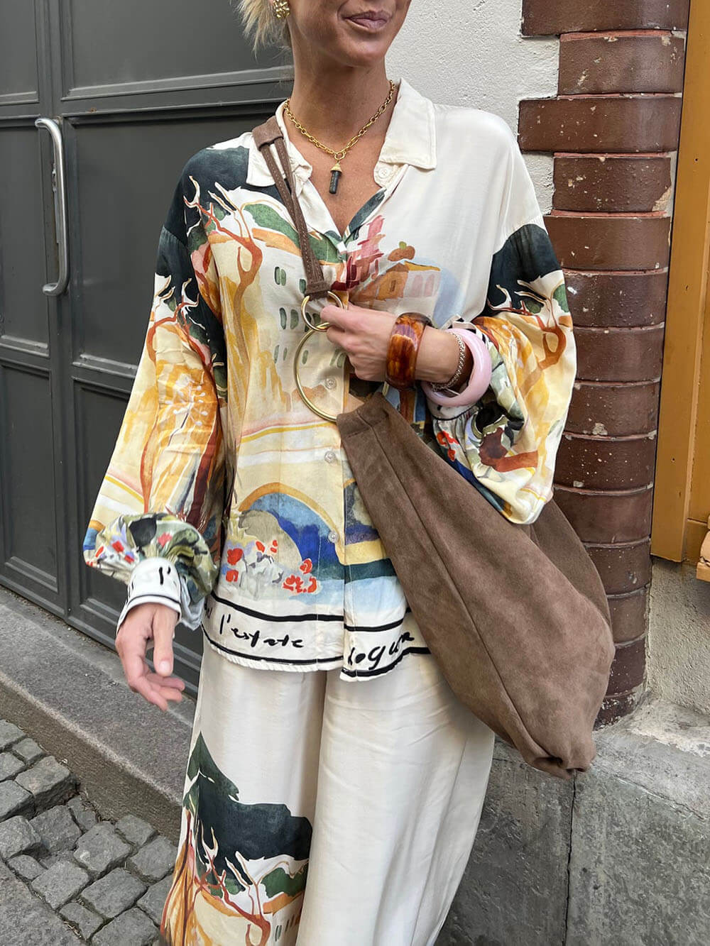 Modern Unique Satin Landscape Print Elastic Waist Pocket Wide Leg Pants