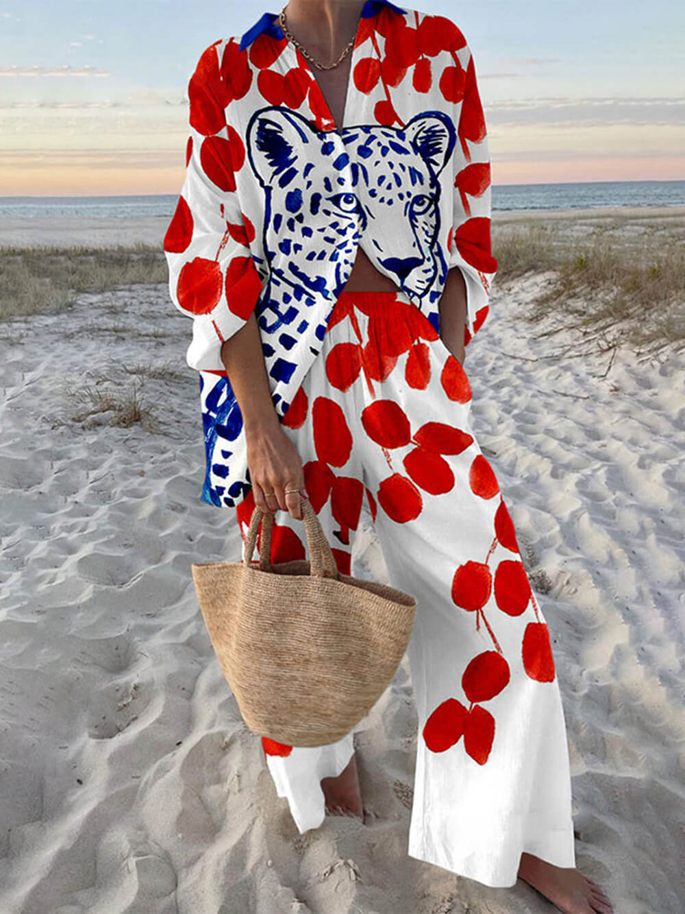 Unique Polka Dot Leopard Print Oversized Shirt and Elastic Waist Pocket Pants Set