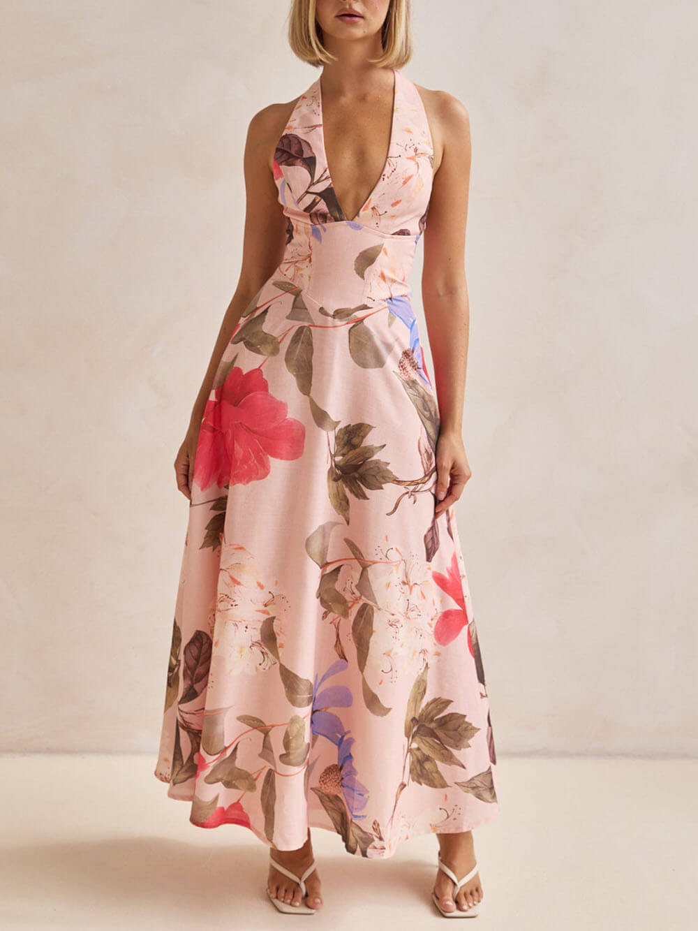 Retro Terez Linen Floral Print Halter Backless Tie-Up Maxi Dress
