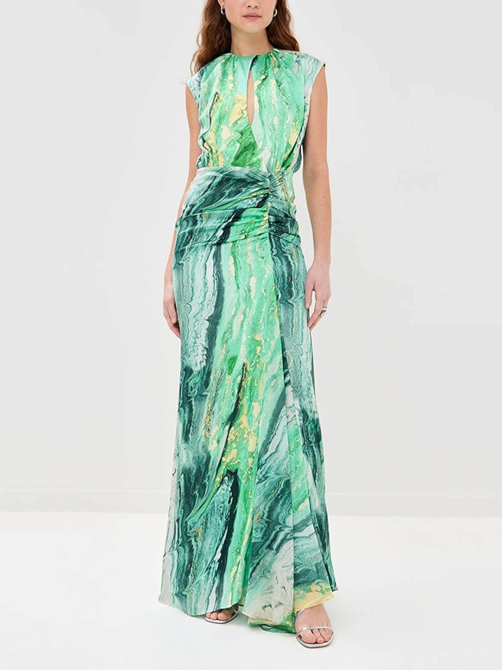 Elegant Unique Tie-Dye Print Front Pleated Back Slit Cutout Maxi Dress