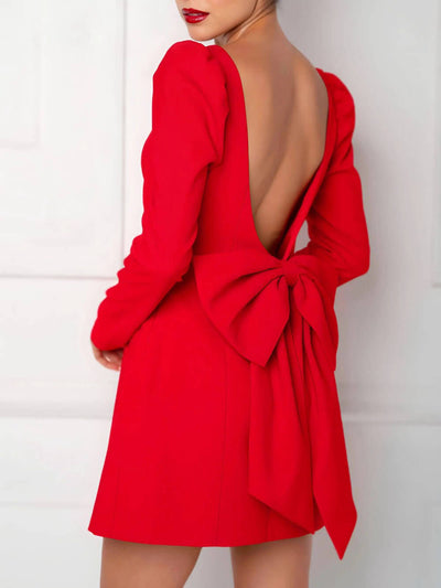 Elegant Backless Bow-Tie Fitted Square Neck Long-Sleeve Mini Dress DressSoul