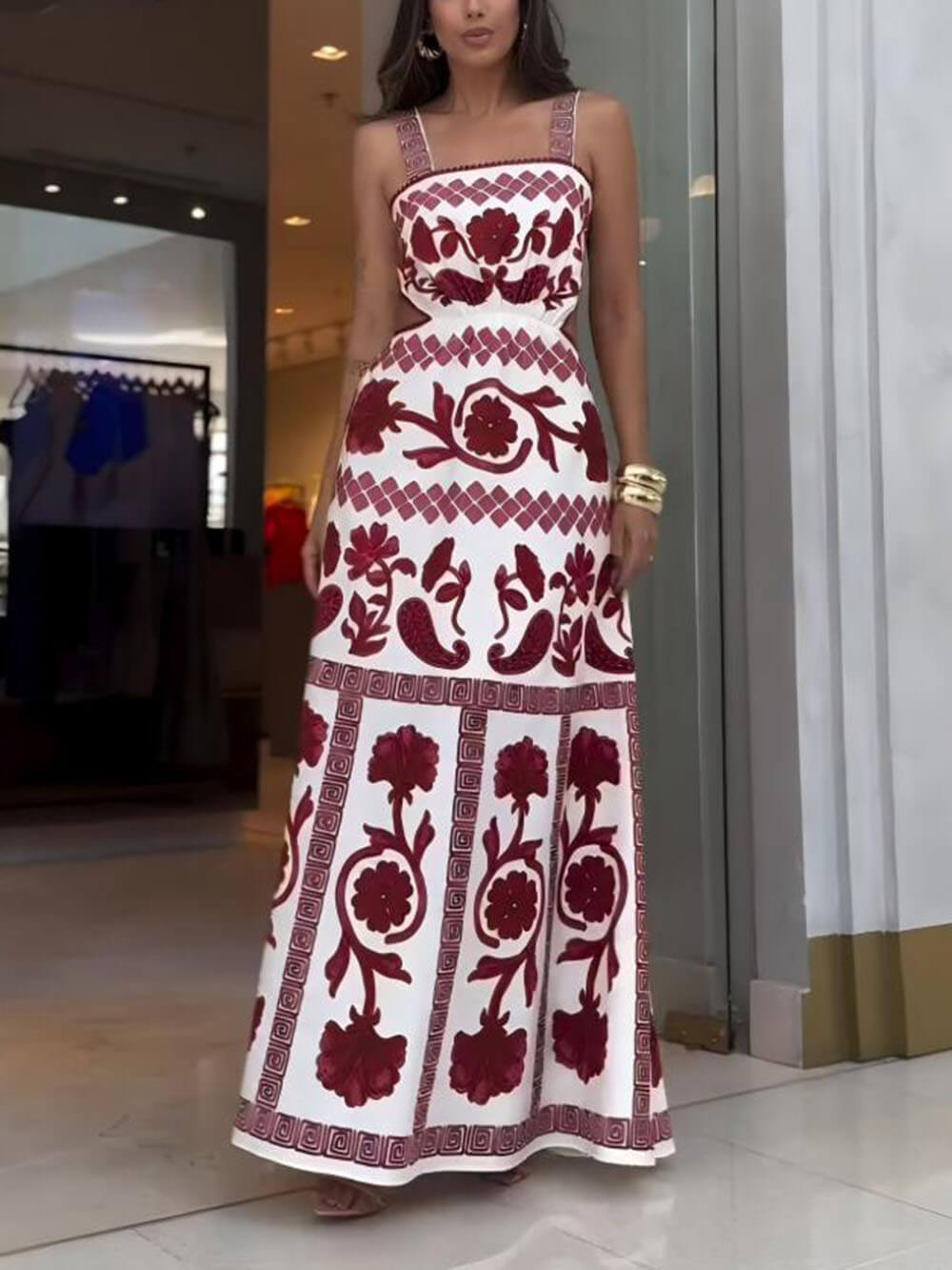 Elegant And Unique Ethnic Print Waist Hollow Out Maxi Dress