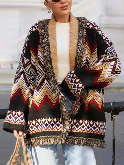 Retro Ethnic Print Fringe Panel Loose Cardigan DressSoul