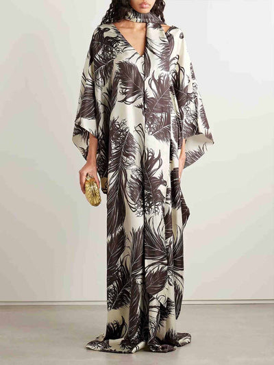 Elegant Satin Feather Print Batwing Sleeve Maxi Dress DressSoul