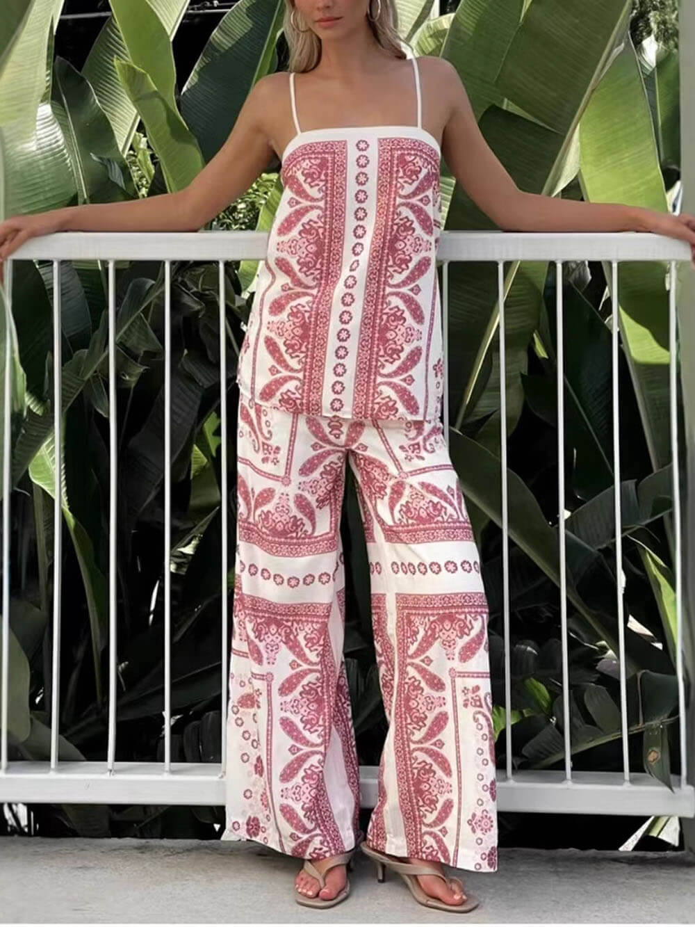 Modern Unique Floral Print High Waist Pocket Wide Leg Pants
