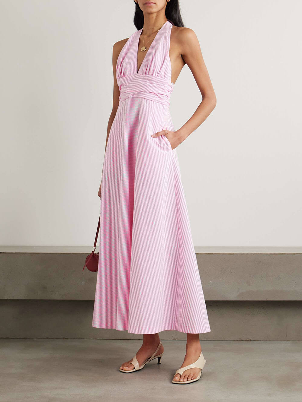 Elegant Classic Stripe Print Halter Neck Maxi Dress