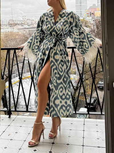 Elegant Printed Feather Cuff Long Coat DressSoul