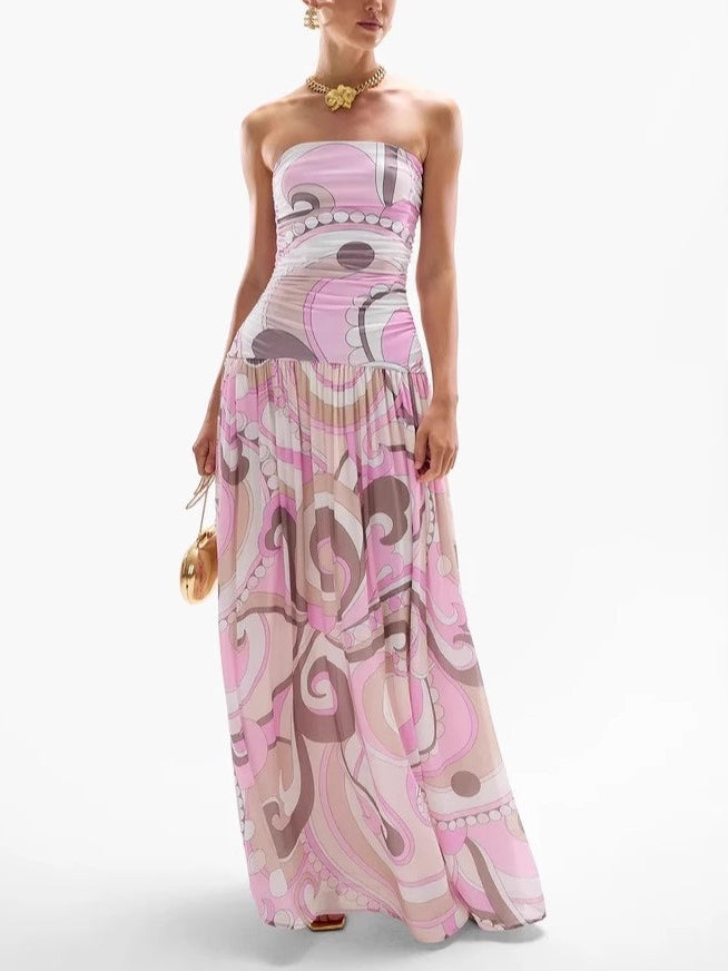 Moachic Elegant Swirl Vintage Print Drop Waist Maxi Dress