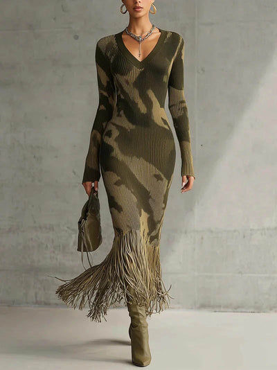 Elegant Camouflage Knit V-neck Fringed Hem Maxi Dress DressSoul