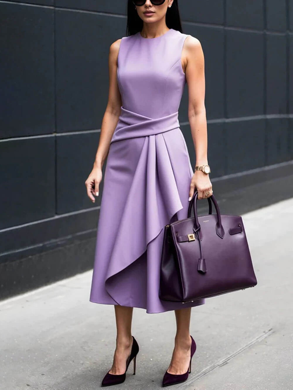 Elegant Office Chic Solid Fitted Sleeveless Crossover Draped Ruffle Midi Dress