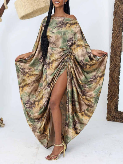 Elegant Satin Tie-dye Print Batwing Sleeve Maxi Dress DressSoul
