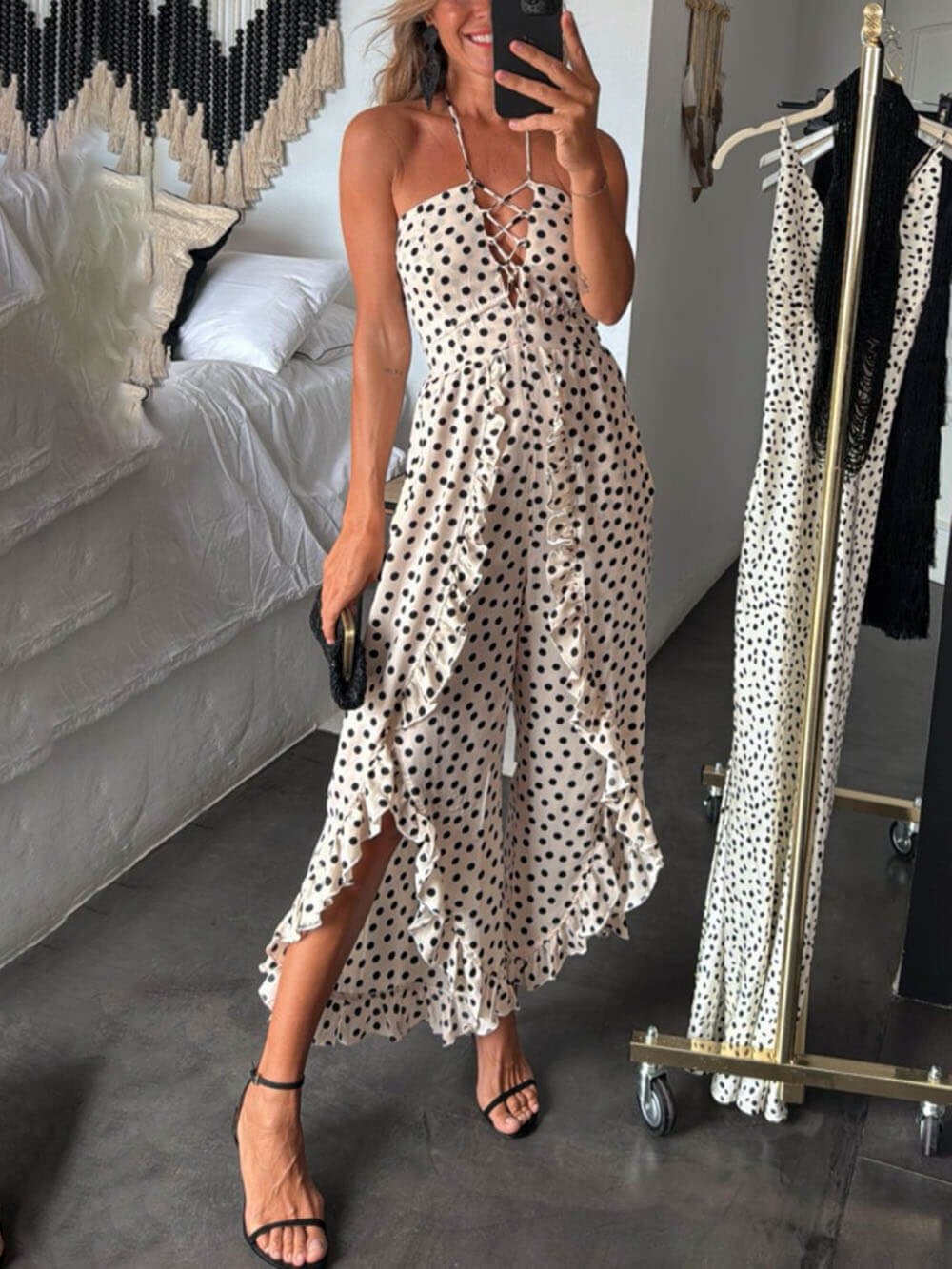 Unique Ruffled Patchwork Polka Dot Print Tie Neckline Off-The-Shoulder Maxi jumpsuit