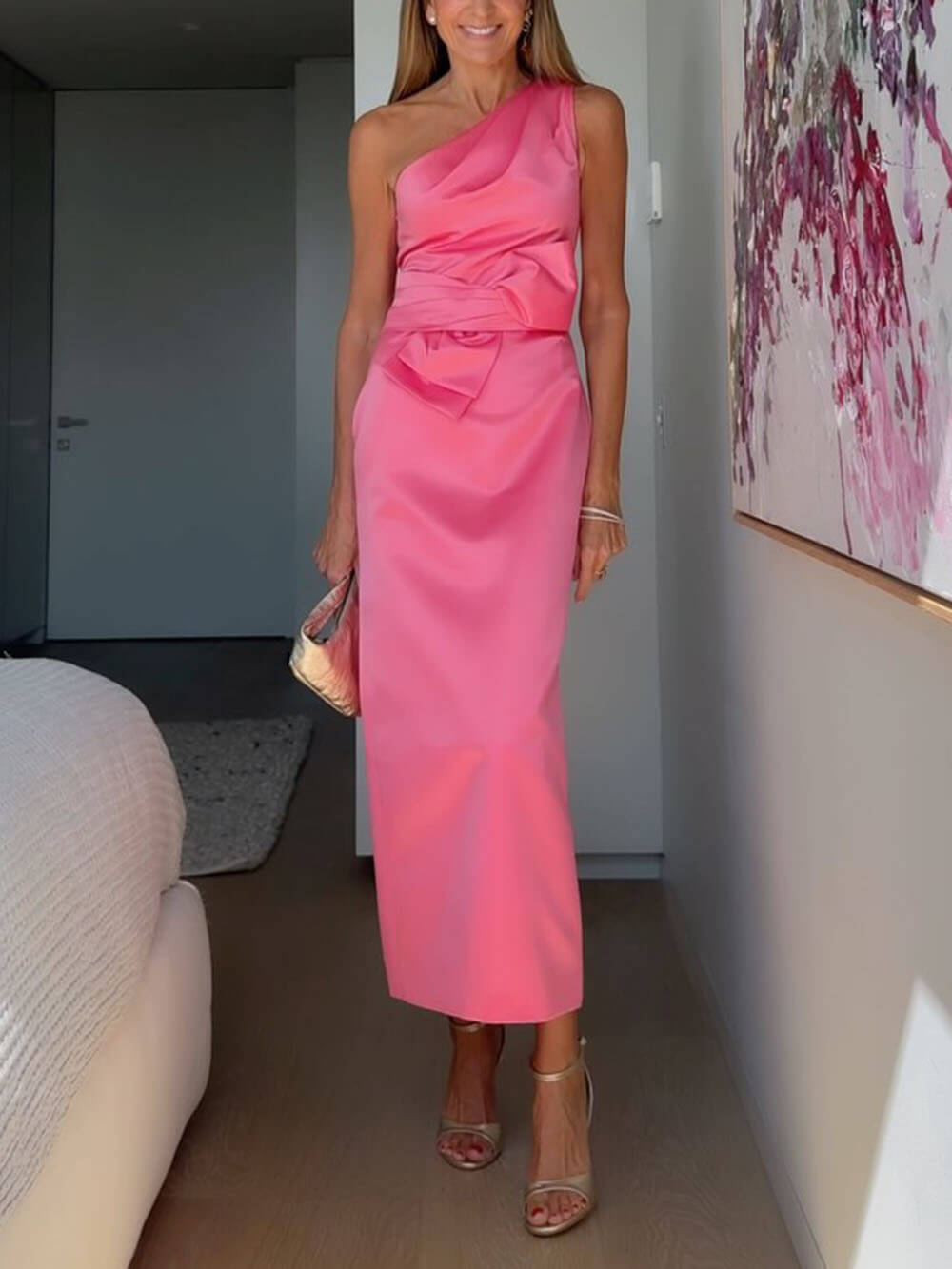 Exquisite Retro Pleated One-Shoulder Slit Hem Maxi Dress