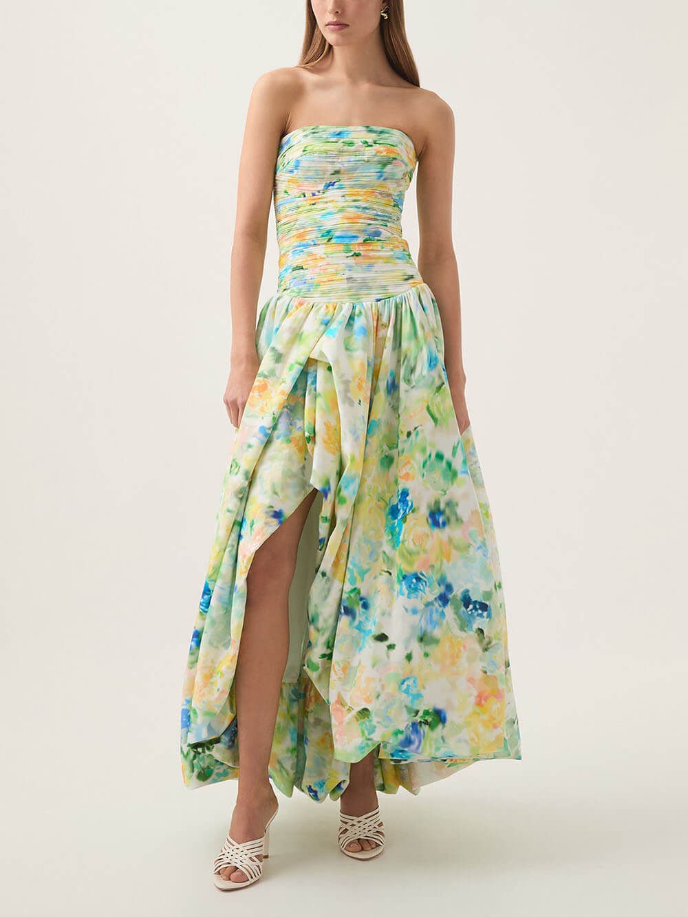 Elegant Tube Top Violette Printed Bubble Hem Maxi Dress