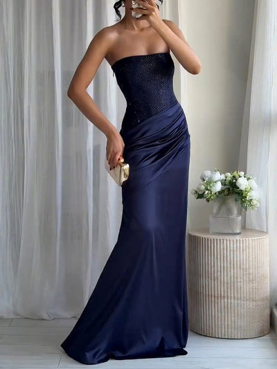 Elegant Strapless Rhinestone Pleated Party Dress DressSoul