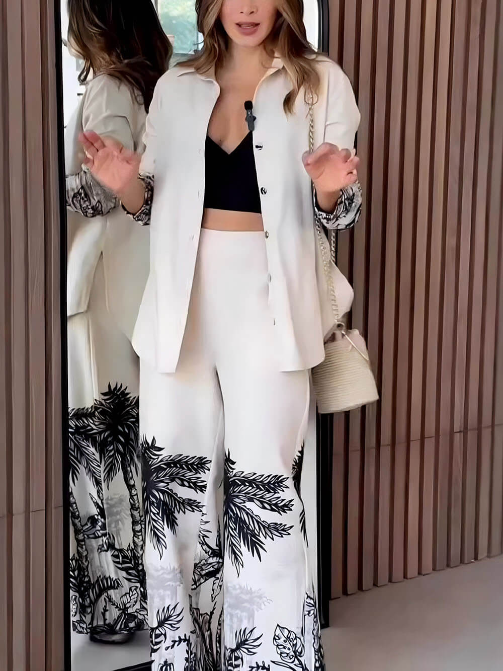 Modern Unique Positioning Print High Waist Pocket Wide Leg Pants