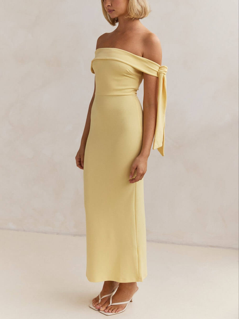 Exquisite Party Side Tie Off-The-Shoulder Back Slit Maxi Dress