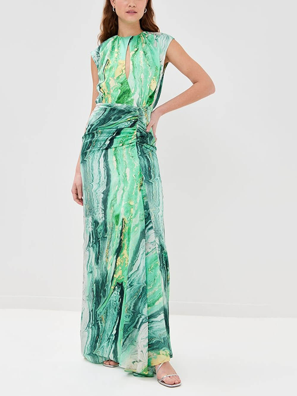 Elegant Unique Tie-Dye Print Front Pleated Back Slit Cutout Maxi Dress