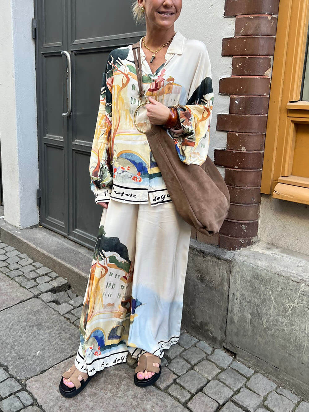 Modern Unique Satin Landscape Print Loose Oversized Shirt