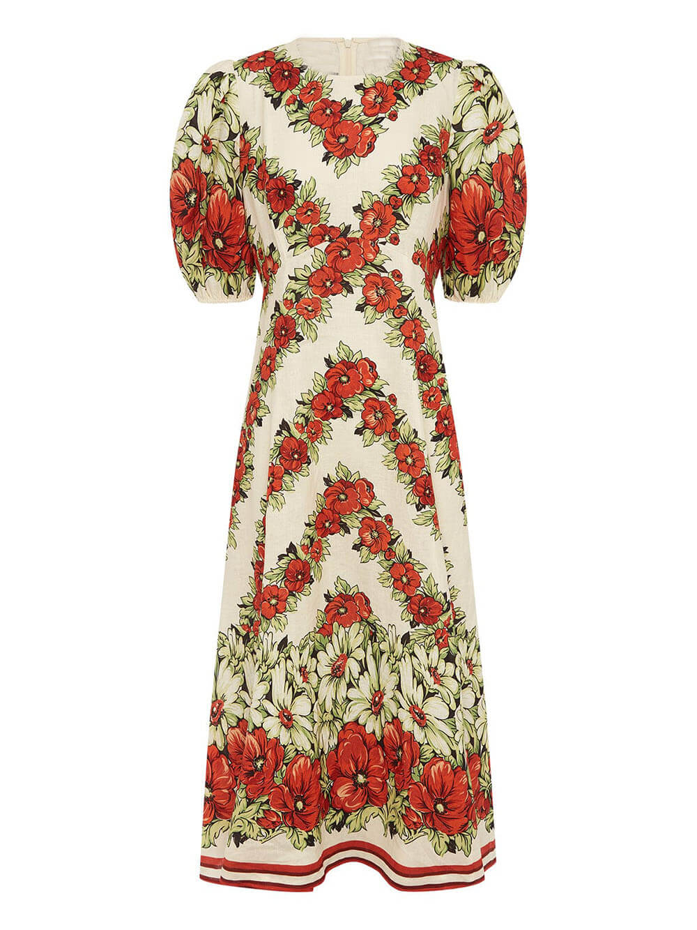Classic Modern Floral Print Puff Sleeve A-Line Midi Dress