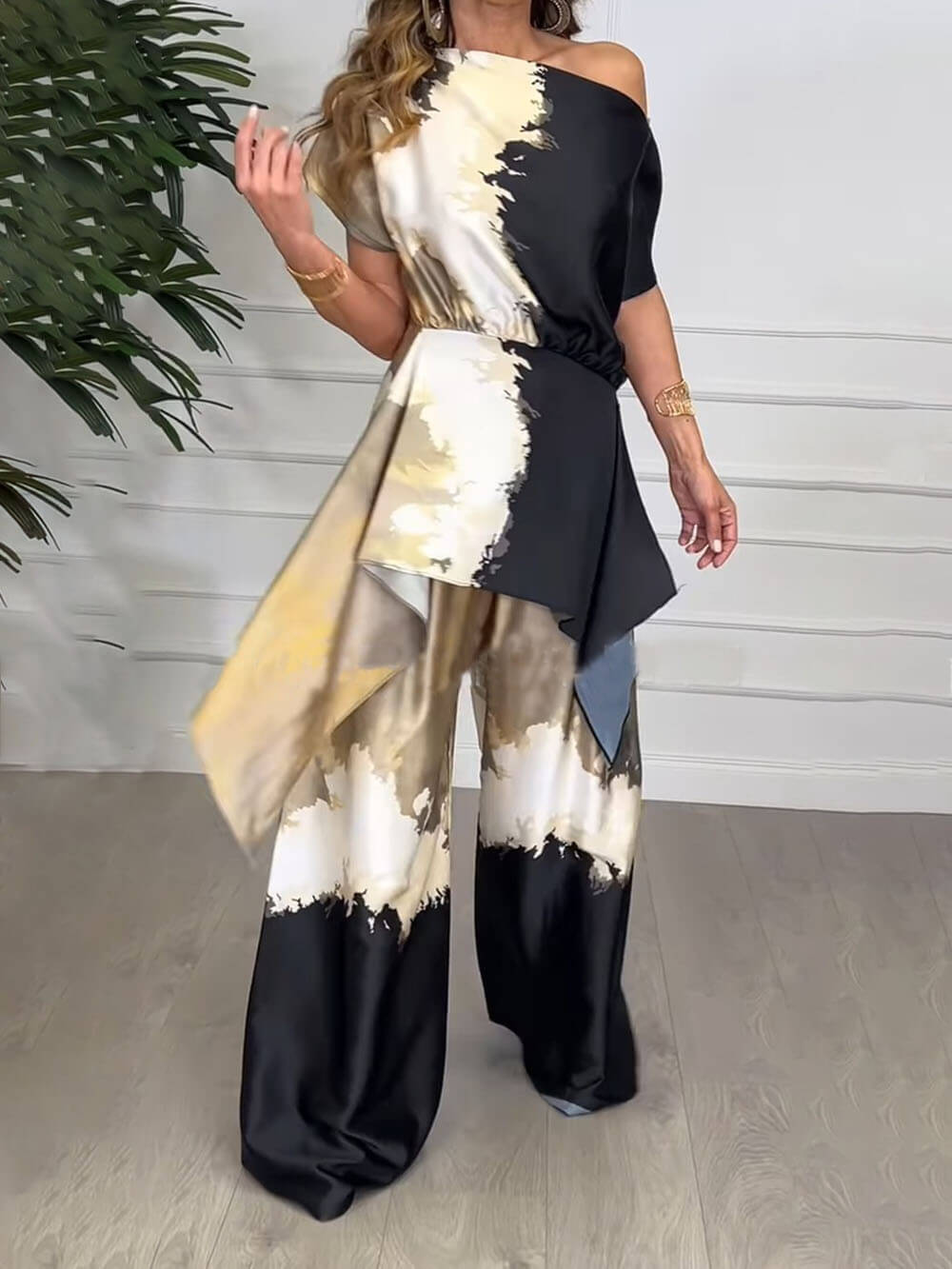 Exquisite Satin Unique Print Wide Sleeve Irregular Top and Elastic Waist Wide Leg Pants Set