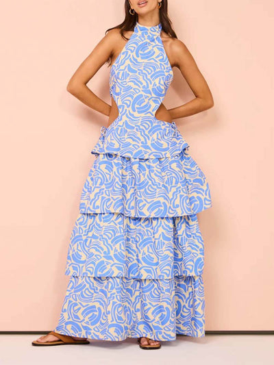 Delicate Blue Swirl Print Halter Neck Backless Maxi Dress DressSoul