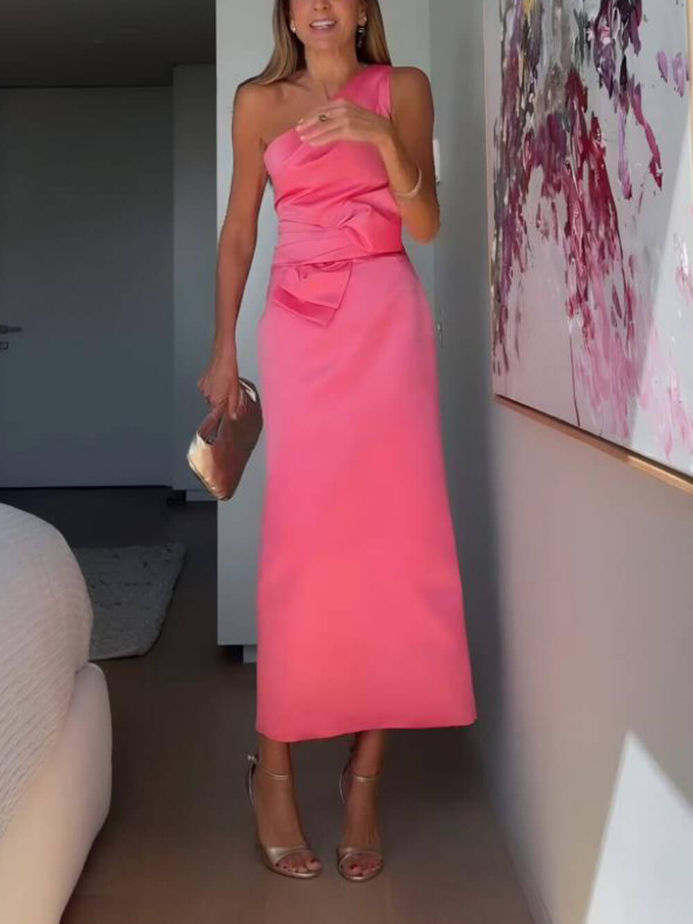 Exquisite Retro Pleated One-Shoulder Slit Hem Maxi Dress
