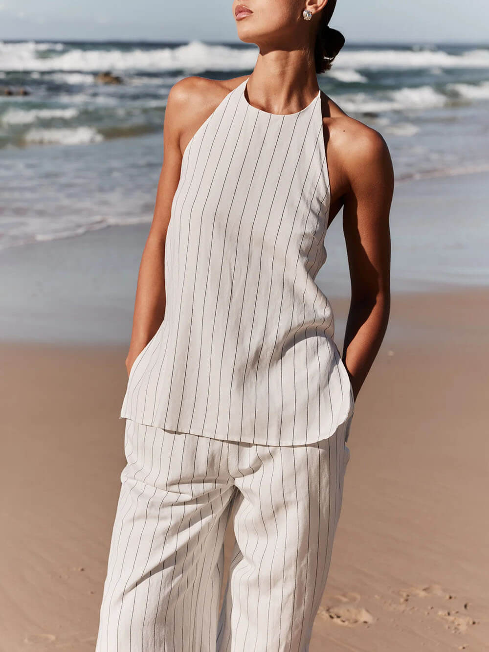 Fashionable Classic Striped Print Halter Neck Sleeveless Vest Top Wide Leg Pants Set