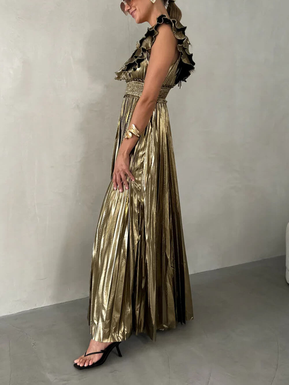 Unique Pleated Ruffled Open Back Tie Waist Maxi Dress