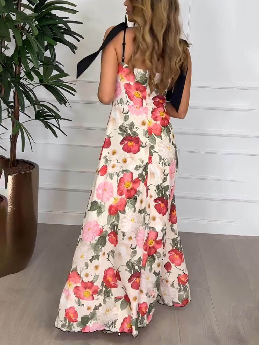 Elegant Floral Print Suspender Strap Maxi Dress