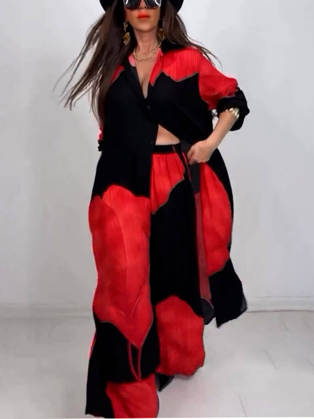 Elegant Loose Printed Midi Top Wide Leg Pants Set