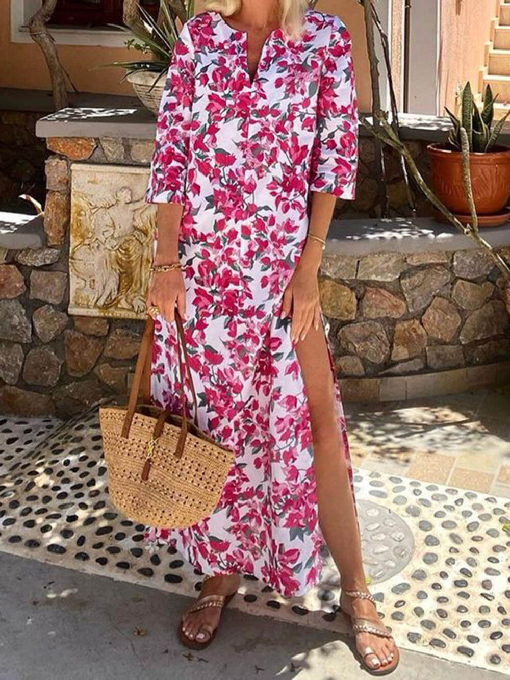 Vestido largo con estampado bohemio y cuello en V