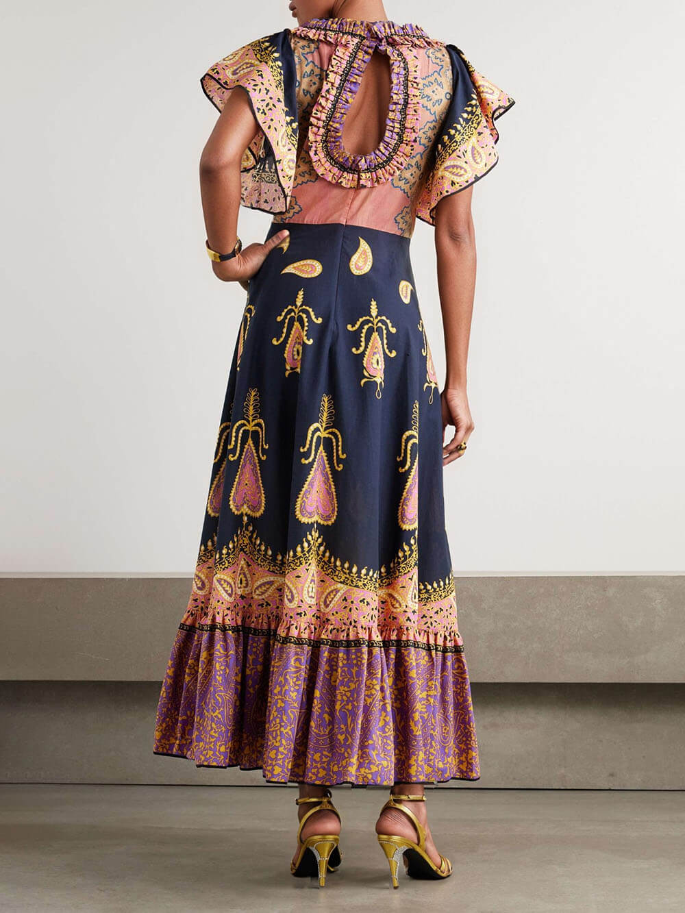 Bohemian Style Ruffled Layered Unique Paisley Floral Print Ruffle Maxi Dress