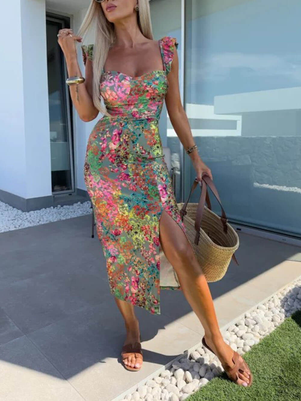 Retro Unique Oil Painting Print Ruffled Pleated Slit Midi Dress
