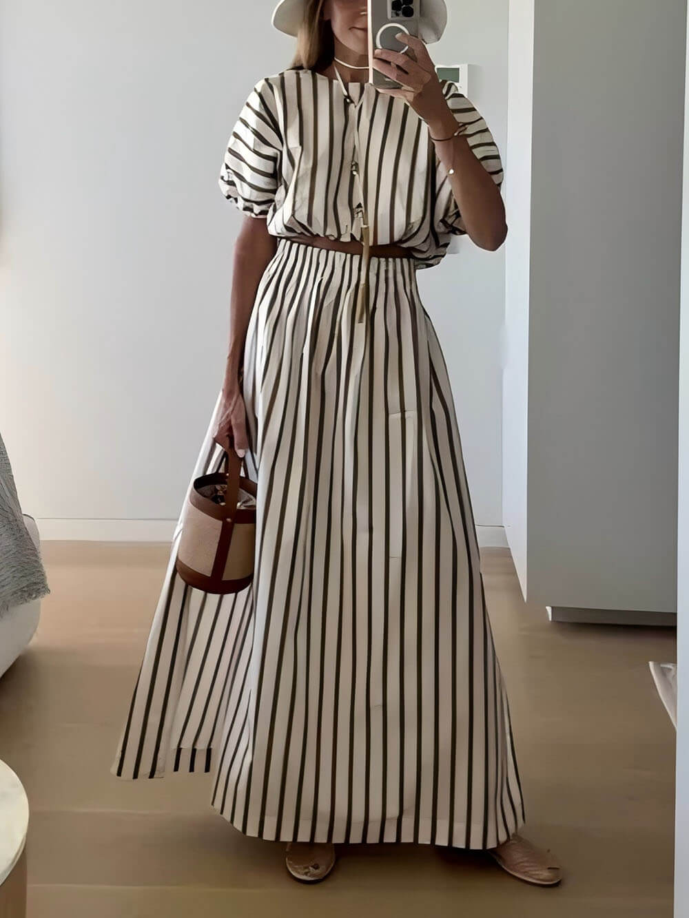 Exquisite Unique Striped Print Drawstring Loose Tops