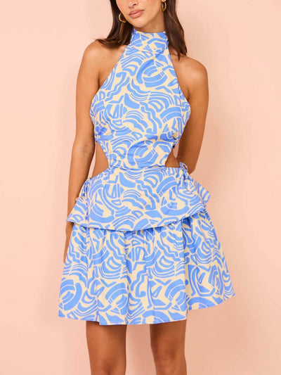 Elegant Blue Swirl Print Halter Mini Dress DressSoul