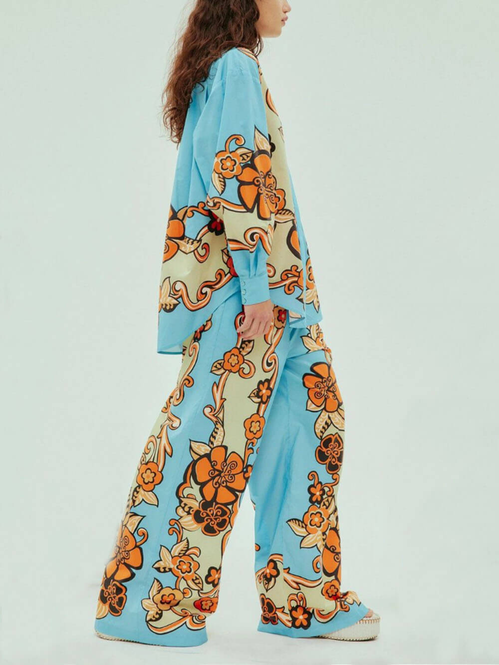 Retro Satin Unique Print Loose Lace Pocket Wide-Leg Pants