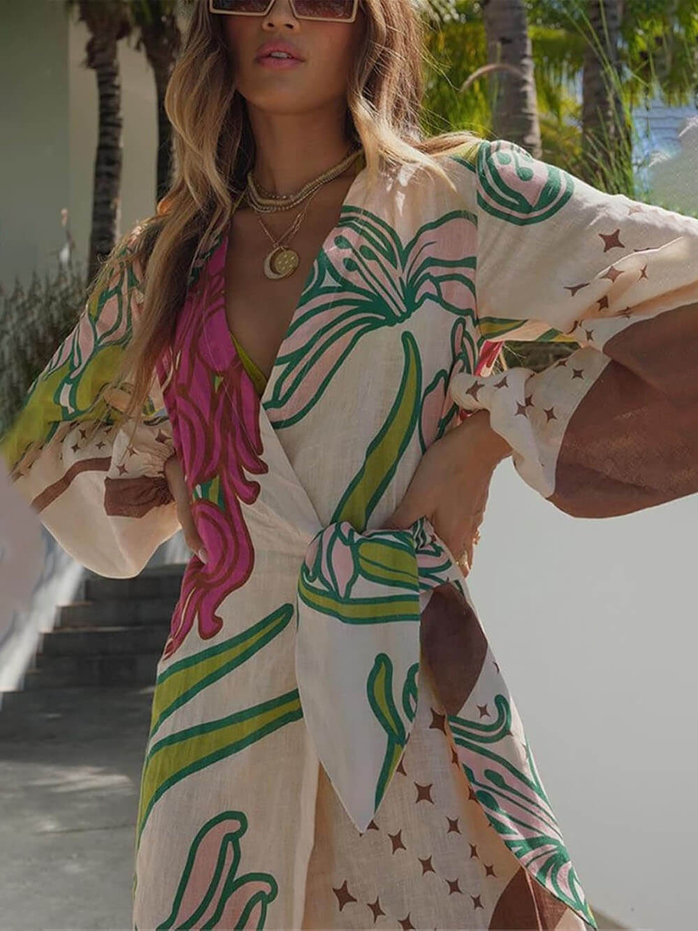 Robe longue tunique élégante en mélange de lin, imprimé unique, manches ballon, nouée