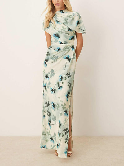 Exquisite Floral Print High Neck Cape Drape Bodycon Maxi Dress DressSoul