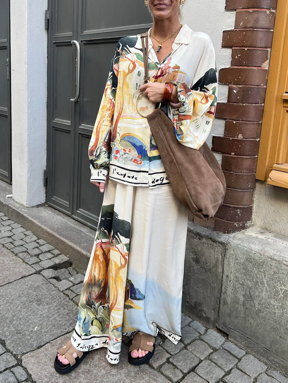 Modern Unique Satin Landscape Print Loose Oversized Shirt