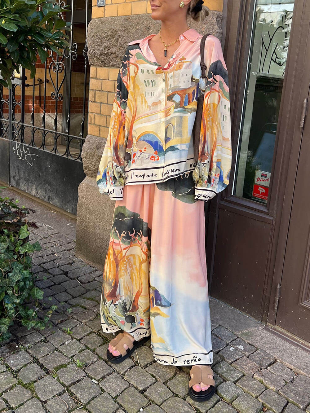 Unique Satin Landscape Print Loose Elastic Waist Pocket Wide Leg Pants
