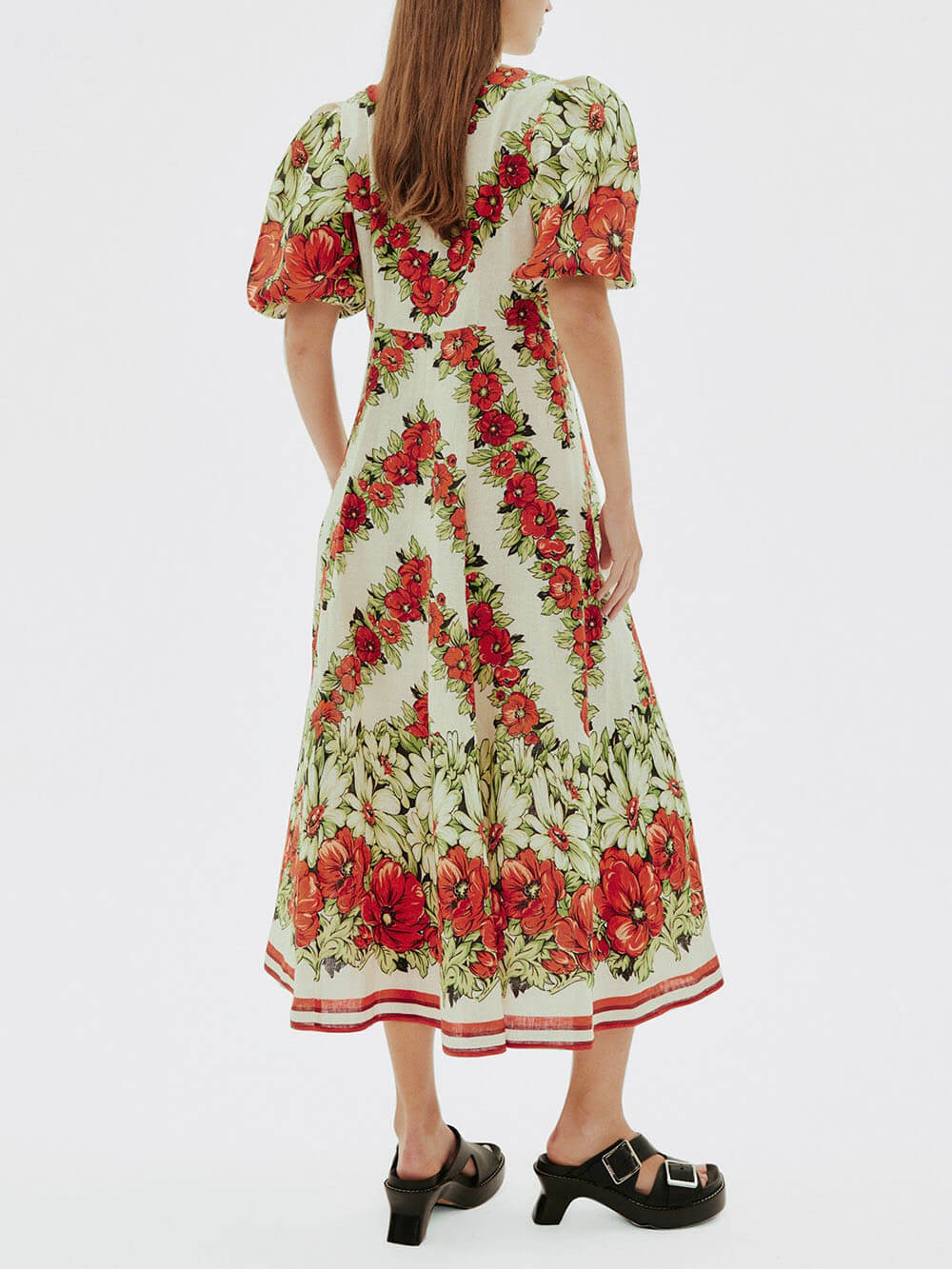 Classic Modern Floral Print Puff Sleeve A-Line Midi Dress