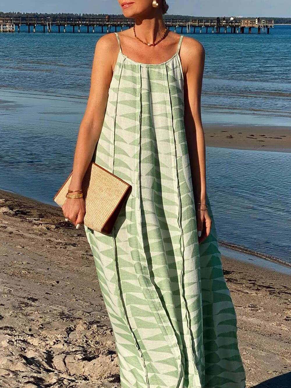 Bohemian Style Unique Ruffle Triangle Print Suspender Maxi Dress