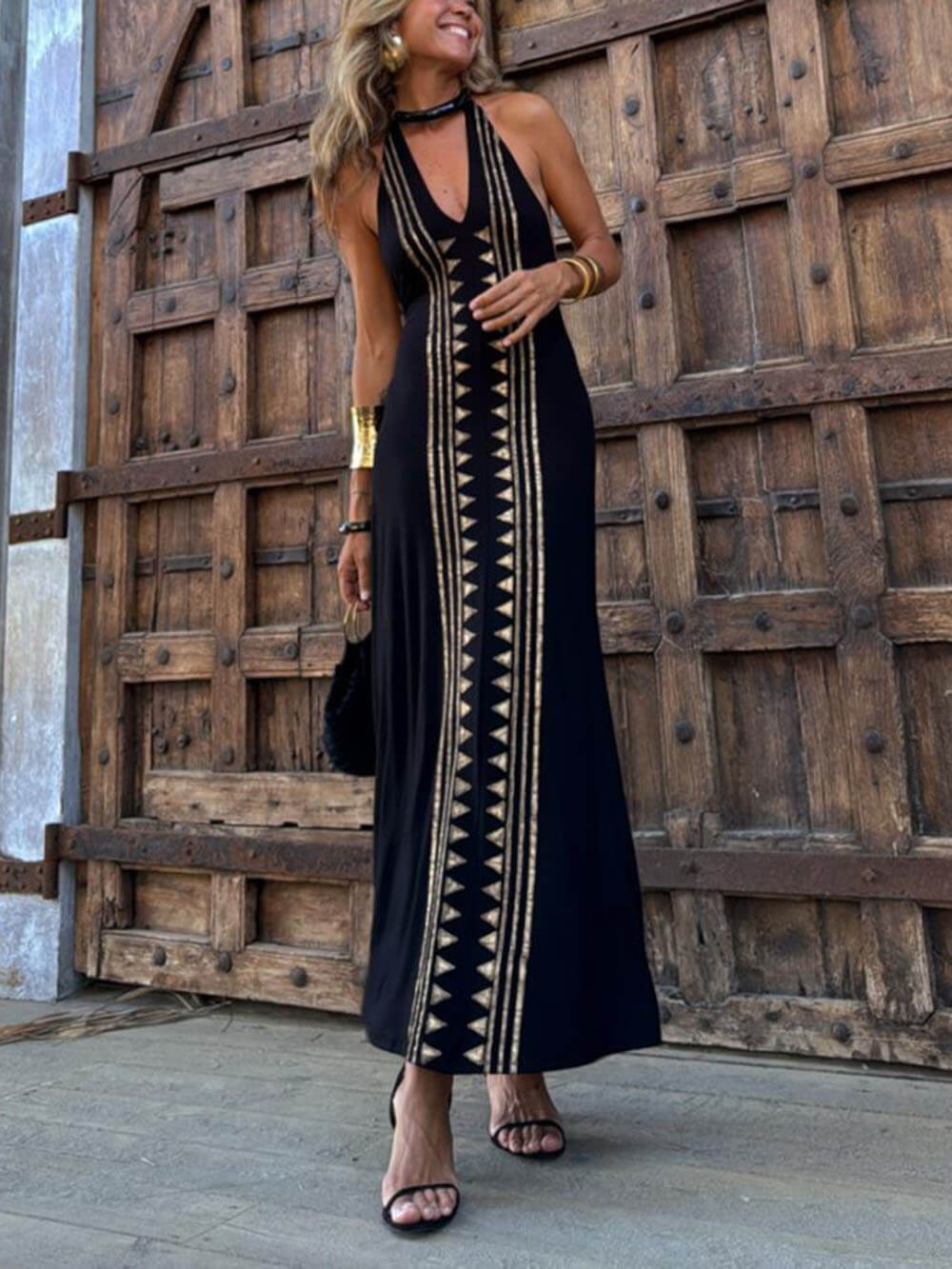 Robe longue extensible dos nu à imprimé géométrique doré Meret