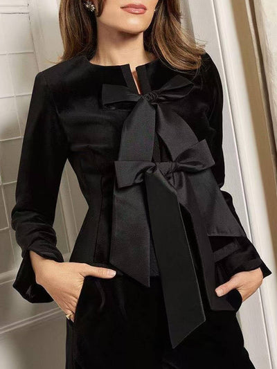 Elegant Bow-Tie Long-Sleeve French Blouse DressSoul